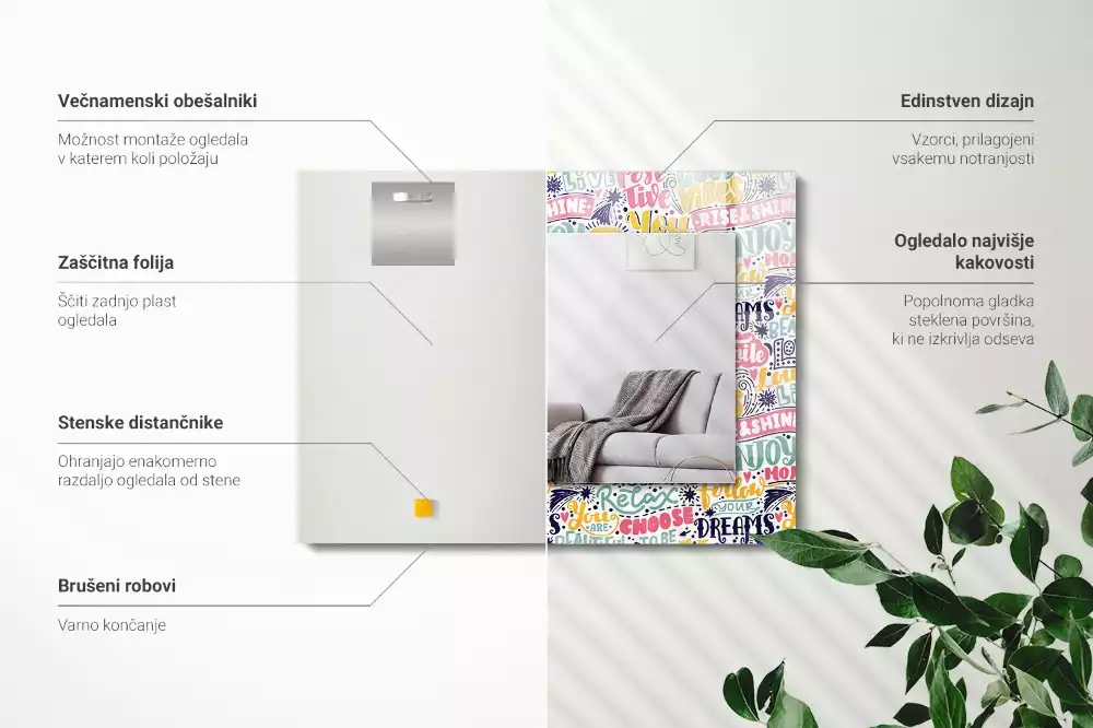 Miroir avec imprimé décoratif rectangulaire Inscriptions motivation colorées