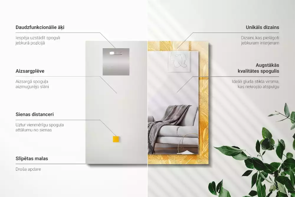 Miroir avec imprimé rectangulaire Motif feuilles orange