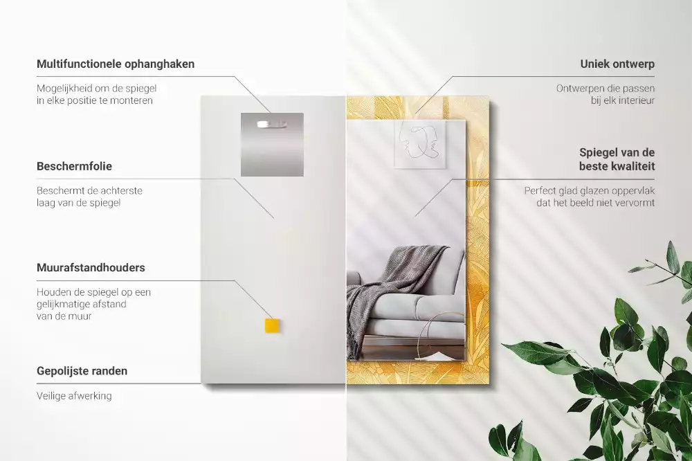 Miroir avec imprimé rectangulaire Motif feuilles orange