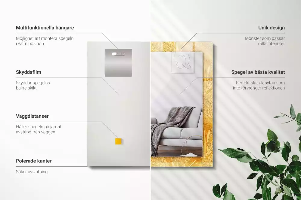 Miroir avec imprimé rectangulaire Motif feuilles orange