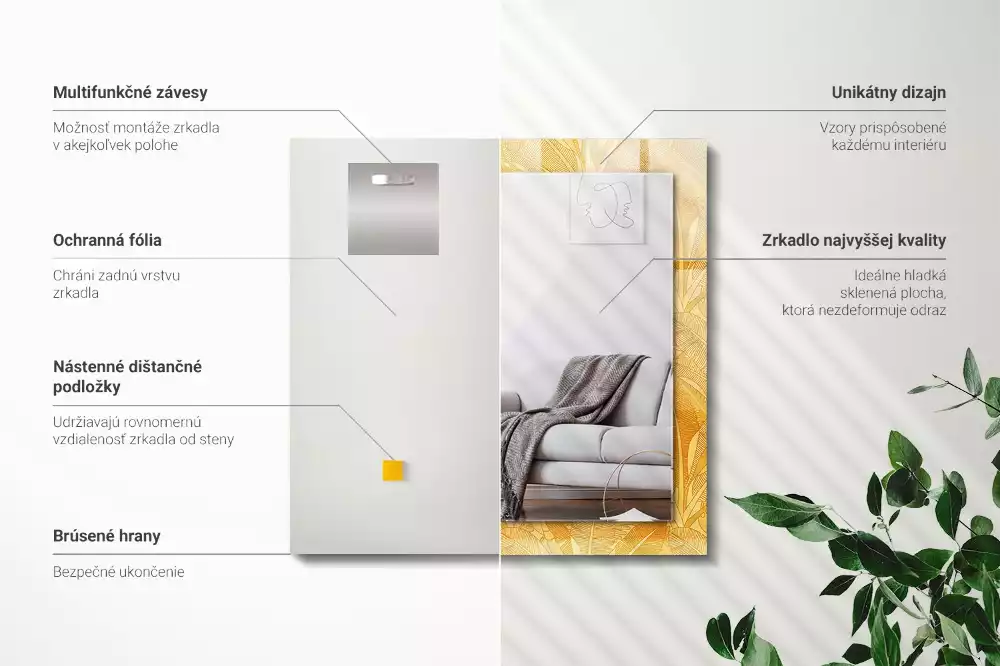 Miroir avec imprimé rectangulaire Motif feuilles orange