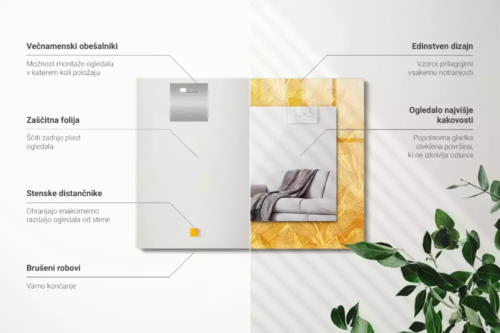 Miroir avec imprimé rectangulaire Motif feuilles orange