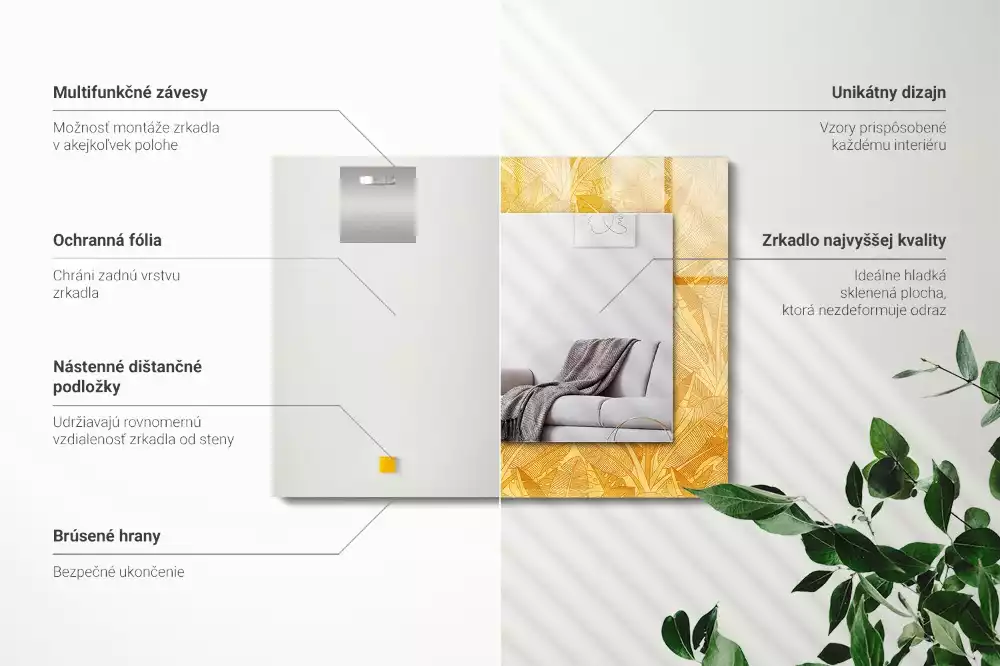 Miroir avec imprimé rectangulaire Motif feuilles orange