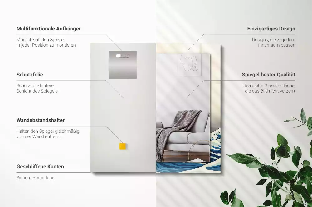 Miroir avec imprimé décoratif rectangulaire La Grande Vague de Kanagawa