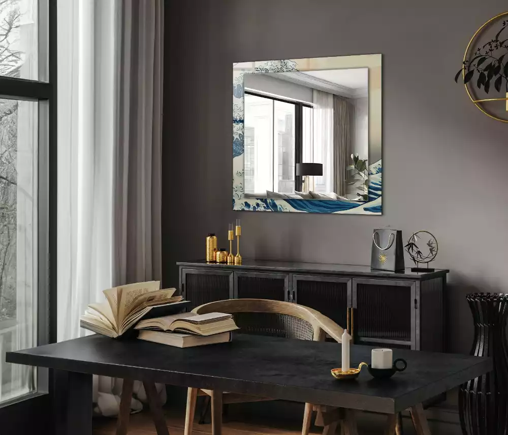 Miroir avec imprimé décoratif rectangulaire La Grande Vague de Kanagawa
