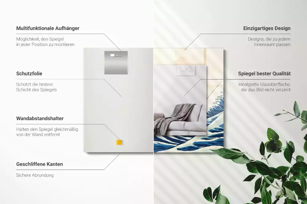 Miroir avec imprimé décoratif rectangulaire La Grande Vague de Kanagawa