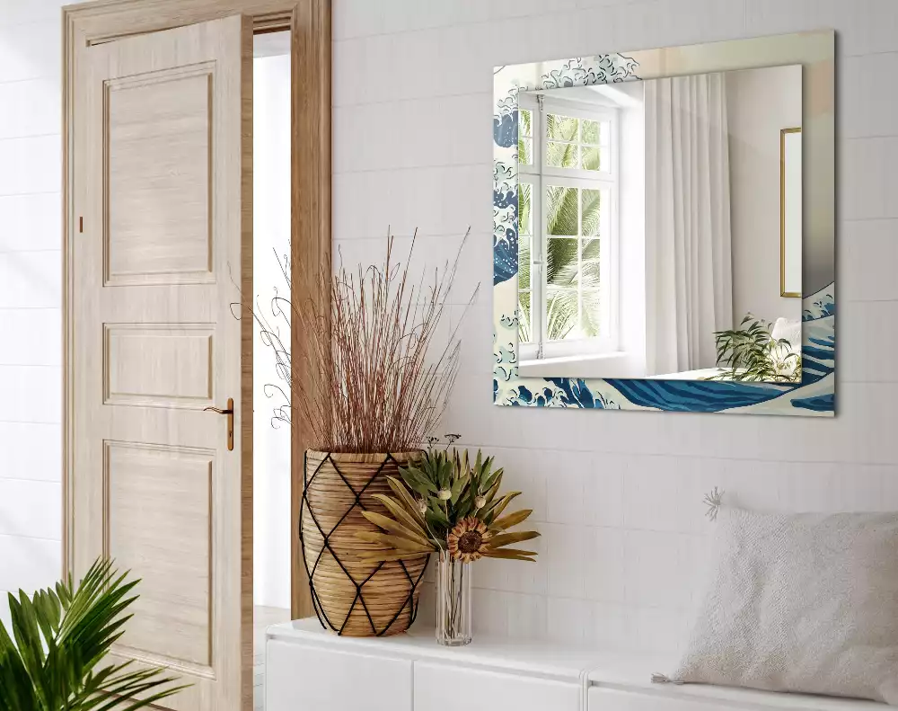 Miroir avec imprimé décoratif rectangulaire La Grande Vague de Kanagawa