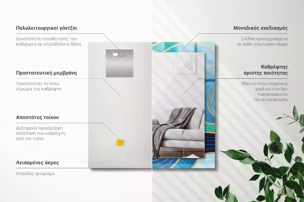 Miroir avec imprimé décoratif rectangulaire Motifs vagues bleues