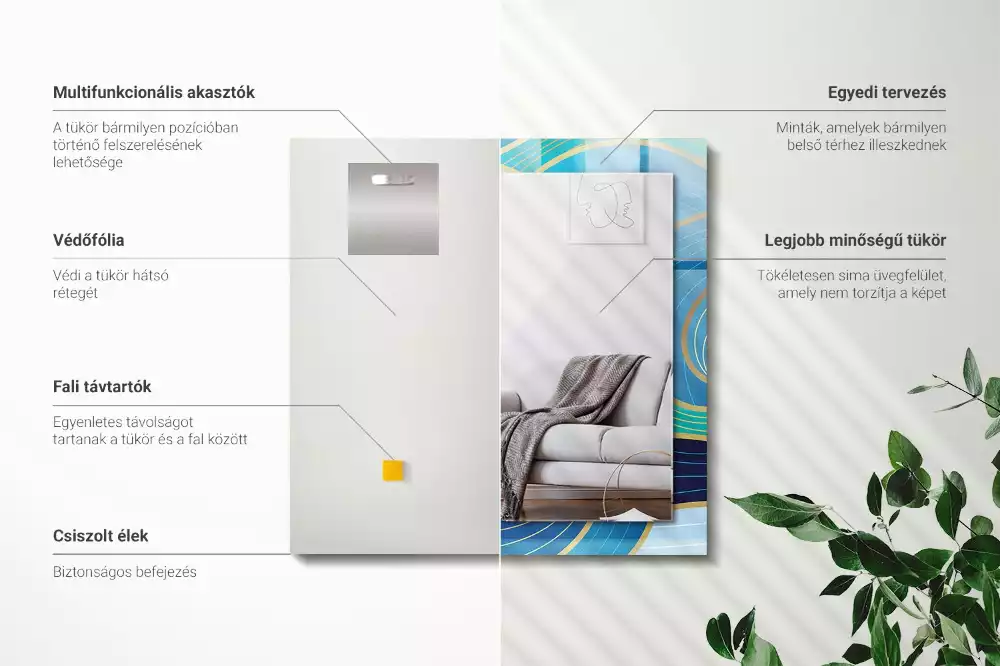 Miroir avec imprimé décoratif rectangulaire Motifs vagues bleues