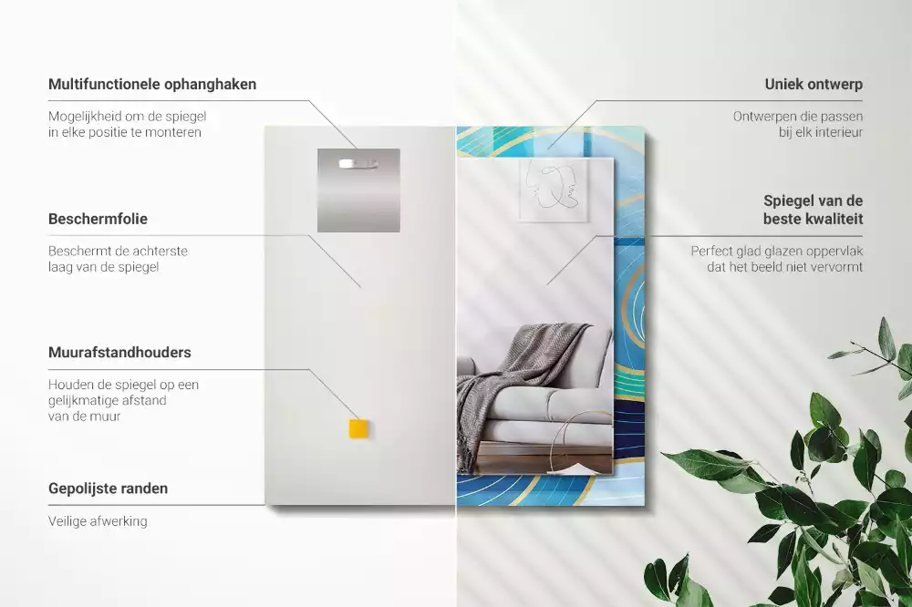 Miroir avec imprimé décoratif rectangulaire Motifs vagues bleues