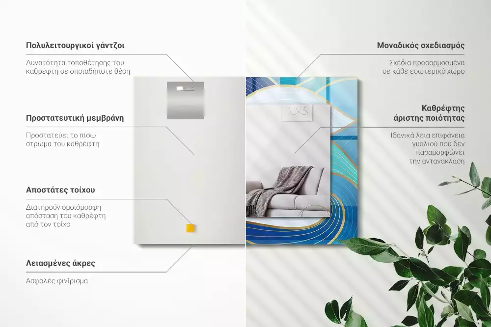 Miroir avec imprimé décoratif rectangulaire Motifs vagues bleues