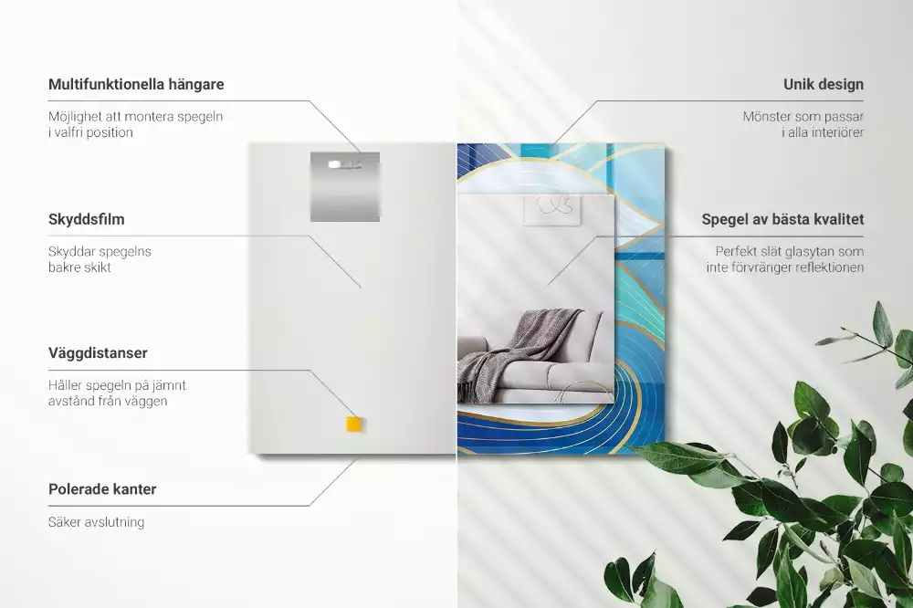 Miroir avec imprimé décoratif rectangulaire Motifs vagues bleues