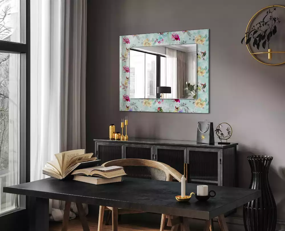 Miroir avec imprimé rectangulaire Fleurs et oiseaux