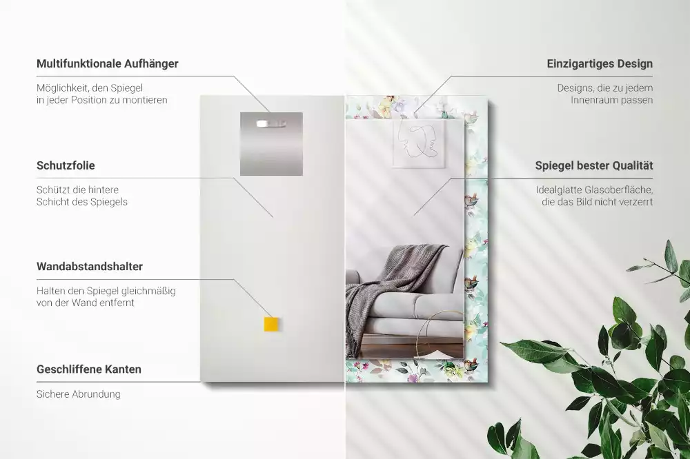 Miroir avec imprimé rectangulaire Fleurs et oiseaux