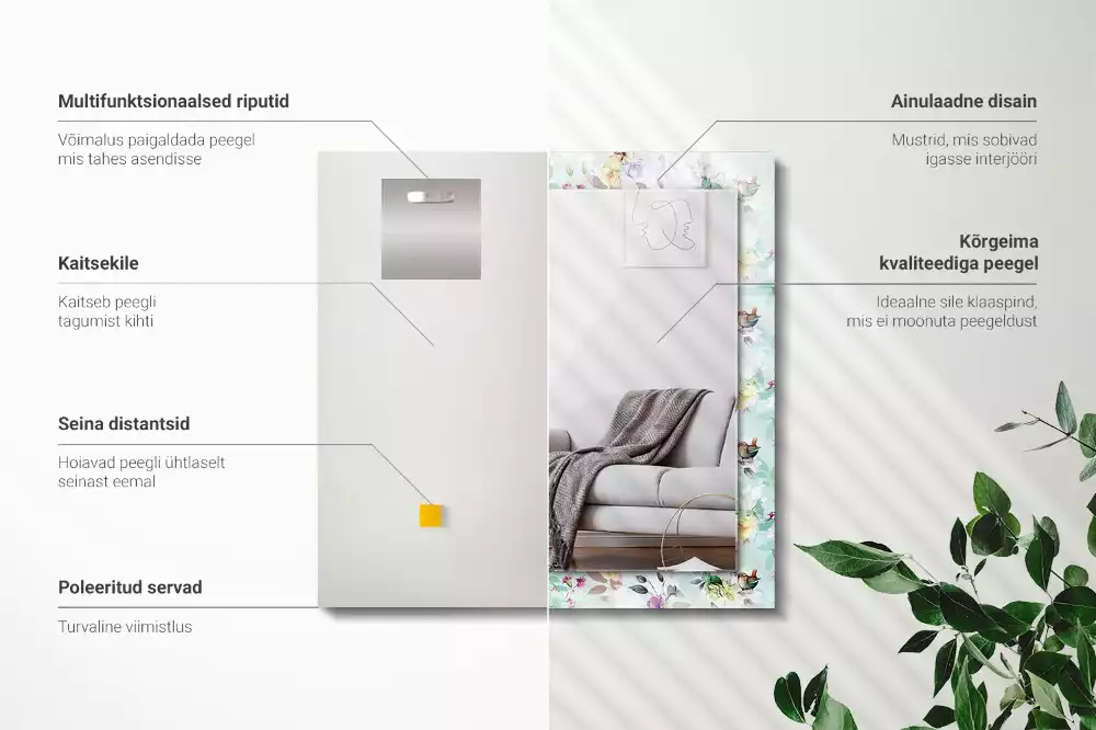 Miroir avec imprimé rectangulaire Fleurs et oiseaux