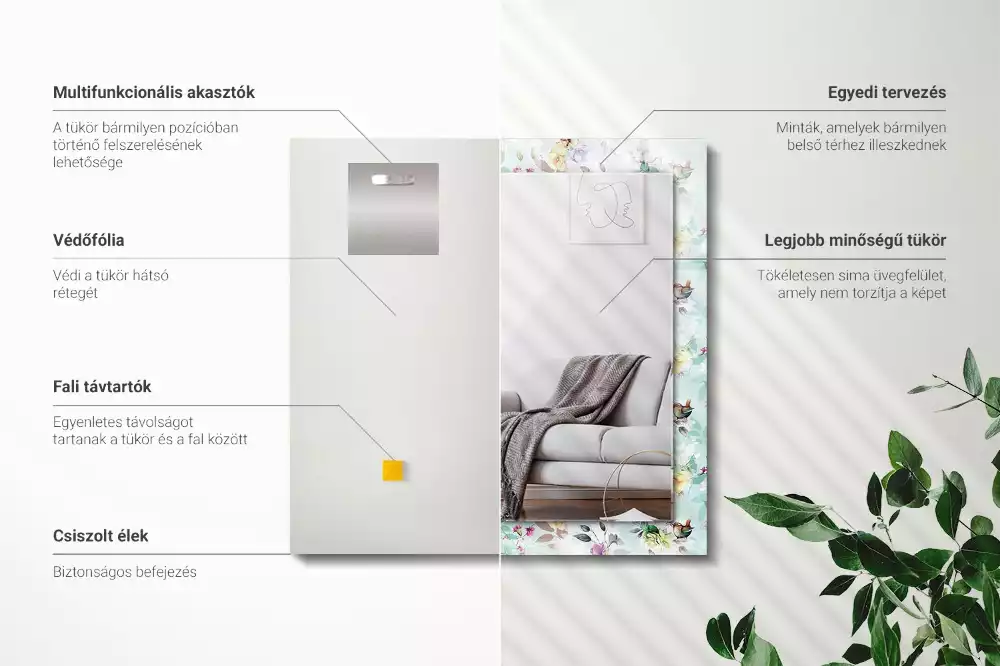 Miroir avec imprimé rectangulaire Fleurs et oiseaux