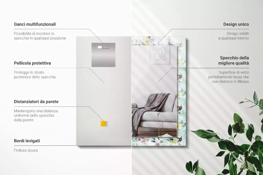 Miroir avec imprimé rectangulaire Fleurs et oiseaux