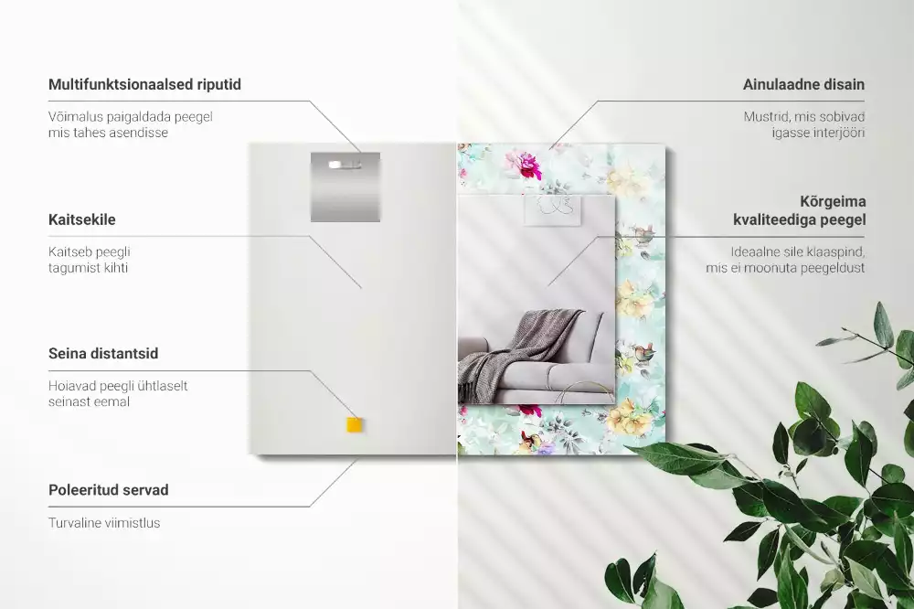 Miroir avec imprimé rectangulaire Fleurs et oiseaux