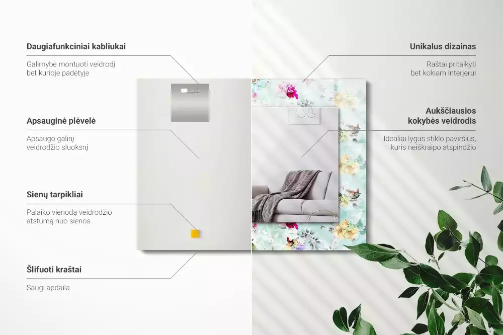 Miroir avec imprimé rectangulaire Fleurs et oiseaux