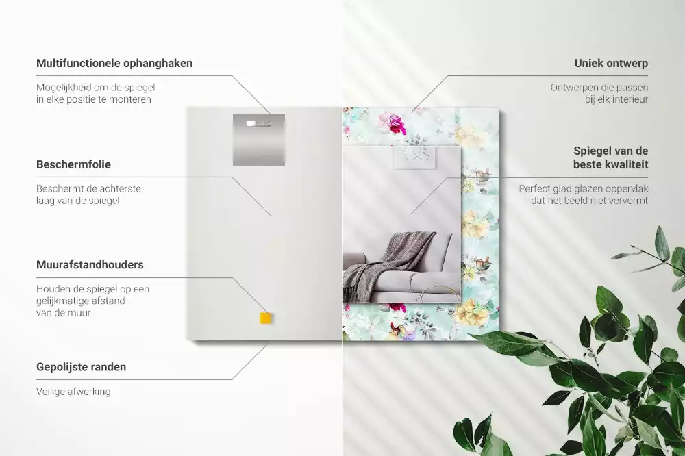 Miroir avec imprimé rectangulaire Fleurs et oiseaux