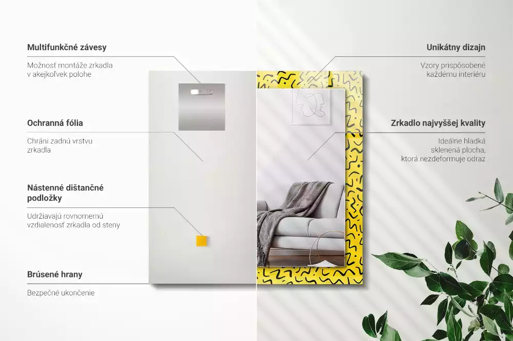Miroir avec imprimé rectangulaire Motif abstrait jaune