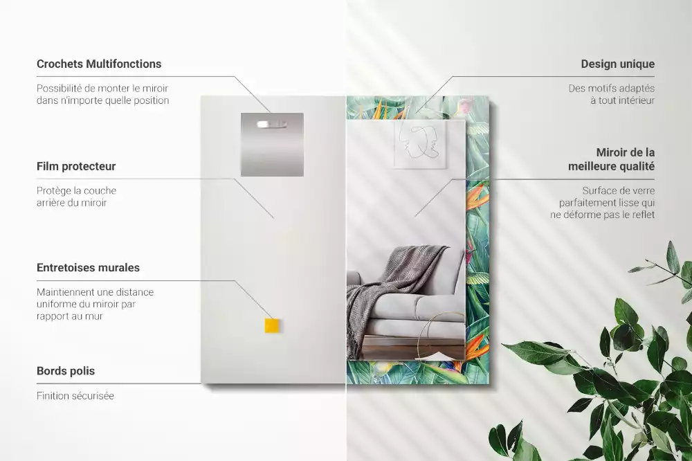 Miroir avec imprimé décoratif rectangulaire Colibris et fleurs