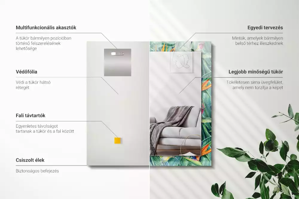 Miroir avec imprimé décoratif rectangulaire Colibris et fleurs