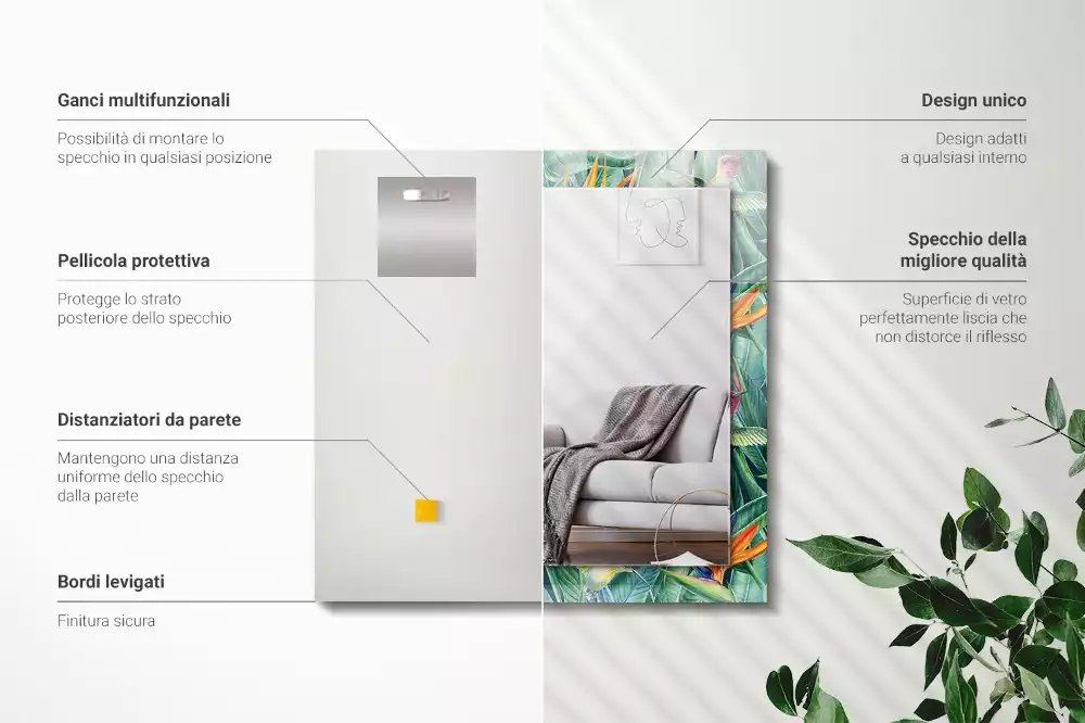 Miroir avec imprimé décoratif rectangulaire Colibris et fleurs