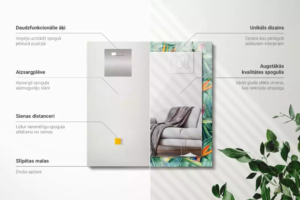 Miroir avec imprimé décoratif rectangulaire Colibris et fleurs