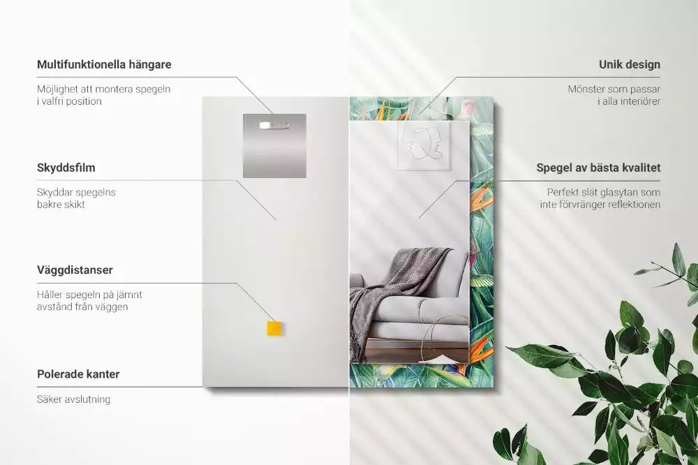 Miroir avec imprimé décoratif rectangulaire Colibris et fleurs