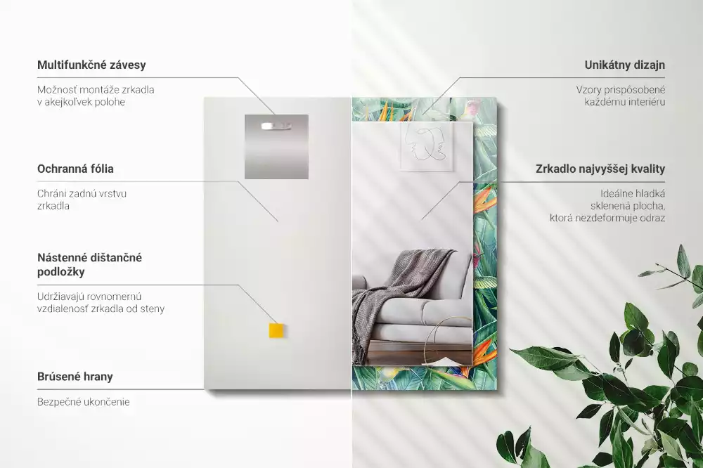 Miroir avec imprimé décoratif rectangulaire Colibris et fleurs