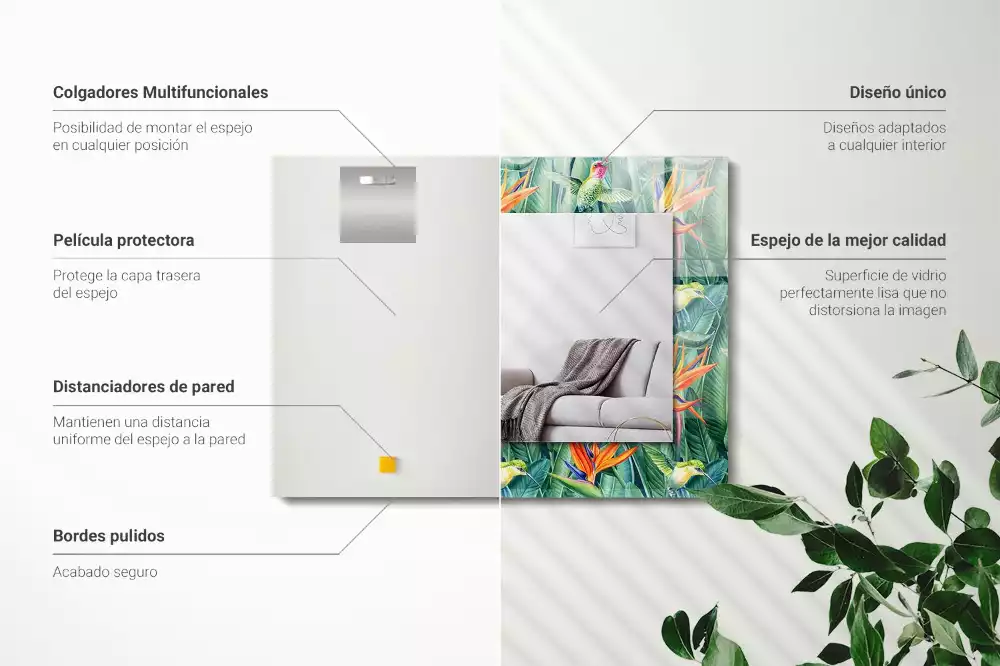 Miroir avec imprimé décoratif rectangulaire Colibris et fleurs