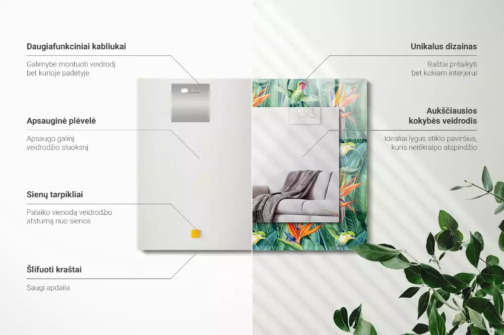 Miroir avec imprimé décoratif rectangulaire Colibris et fleurs