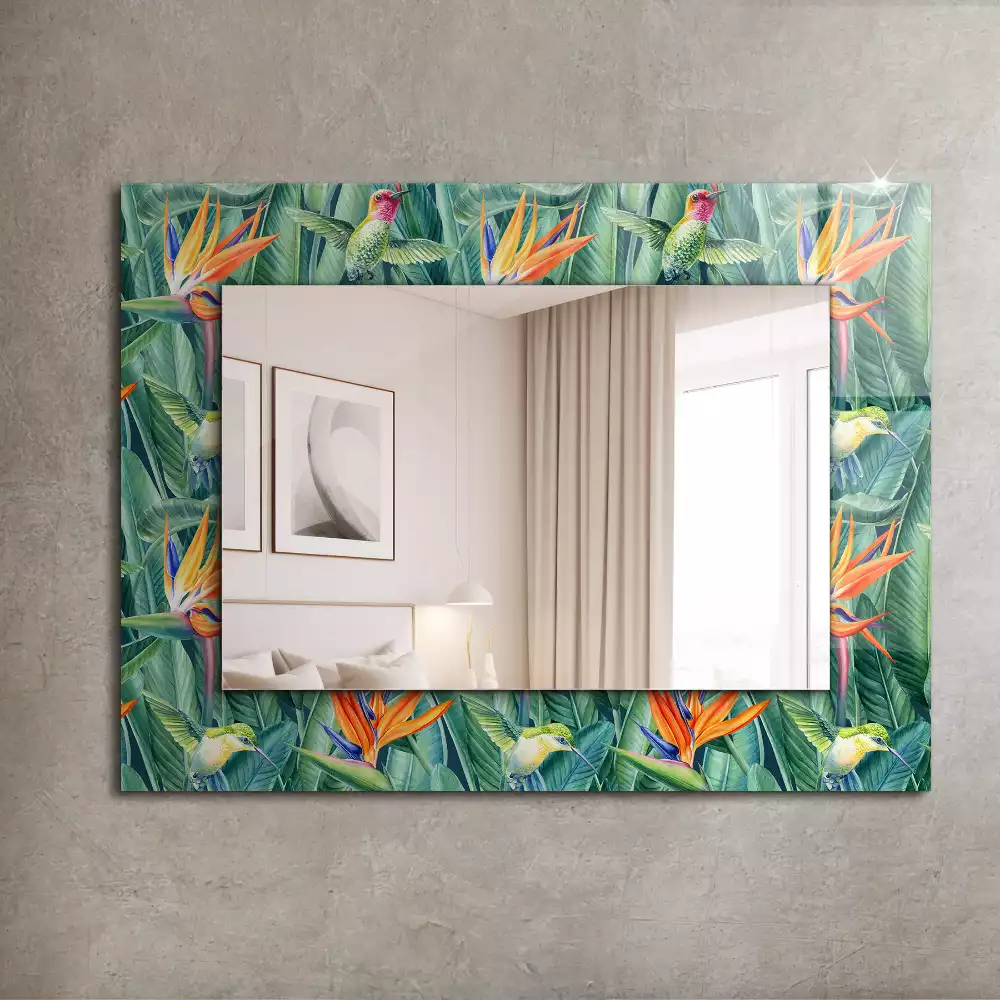 Miroir avec imprimé décoratif rectangulaire Colibris et fleurs