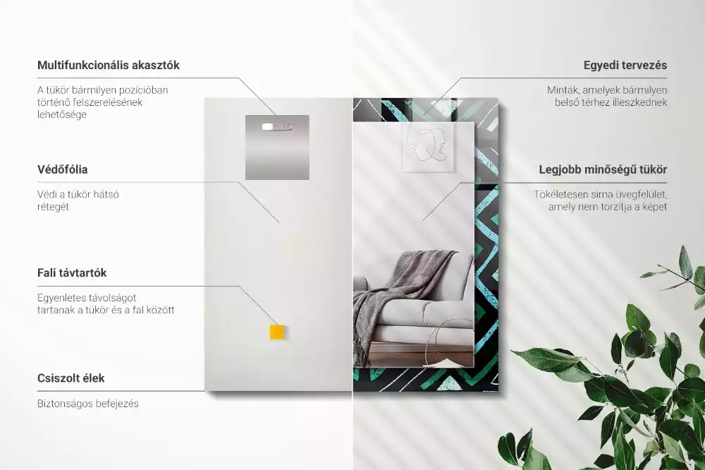 Miroir avec imprimé décoratif rectangulaire Motif géométrique turquoise