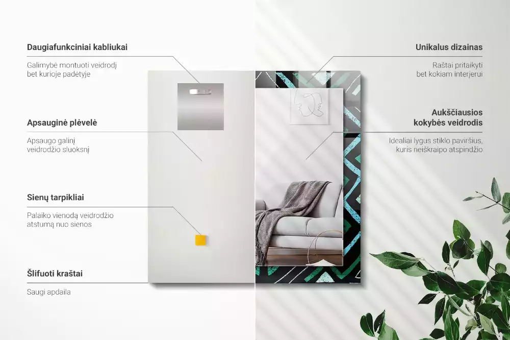 Miroir avec imprimé décoratif rectangulaire Motif géométrique turquoise