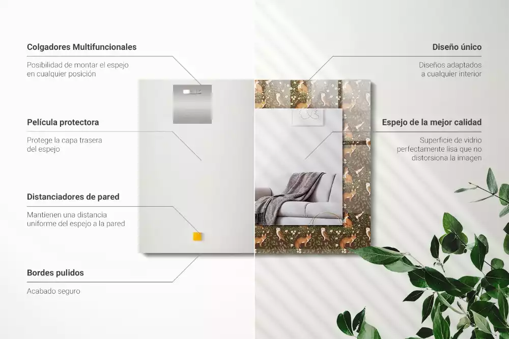 Miroir avec imprimé décoratif rectangulaire Renard et hibou