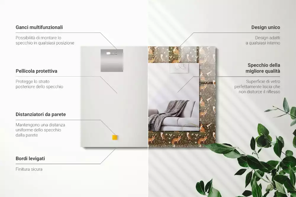 Miroir avec imprimé décoratif rectangulaire Renard et hibou