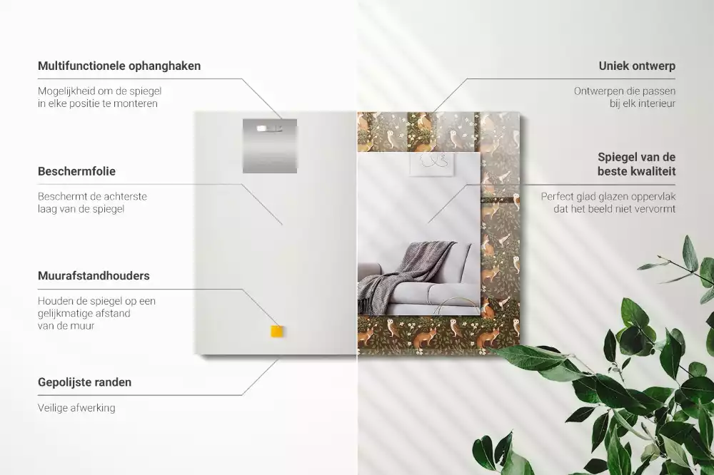 Miroir avec imprimé décoratif rectangulaire Renard et hibou