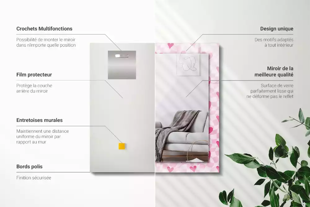 Miroir avec imprimé décoratif rectangulaire Cœurs roses