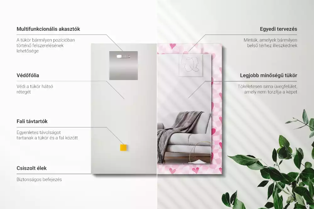 Miroir avec imprimé décoratif rectangulaire Cœurs roses