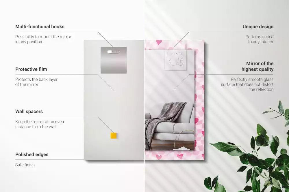 Miroir avec imprimé décoratif rectangulaire Cœurs roses