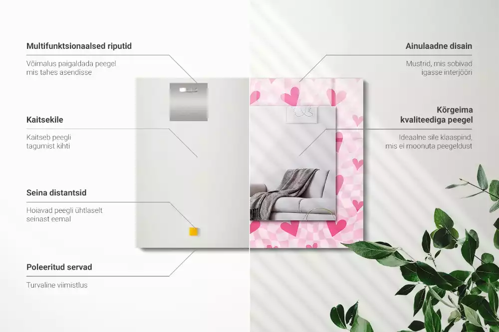 Miroir avec imprimé décoratif rectangulaire Cœurs roses