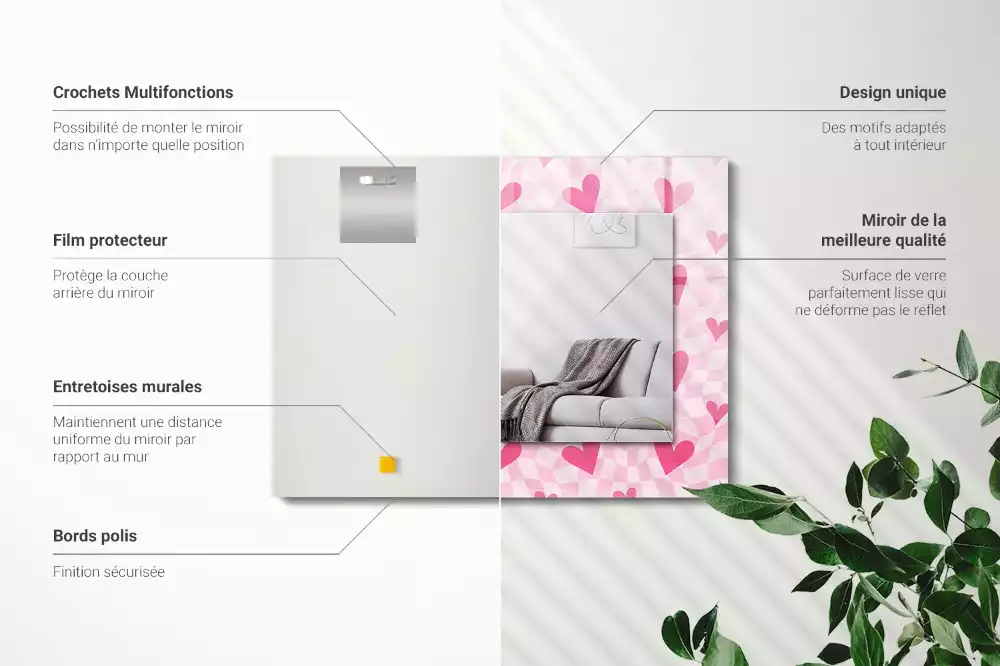 Miroir avec imprimé décoratif rectangulaire Cœurs roses