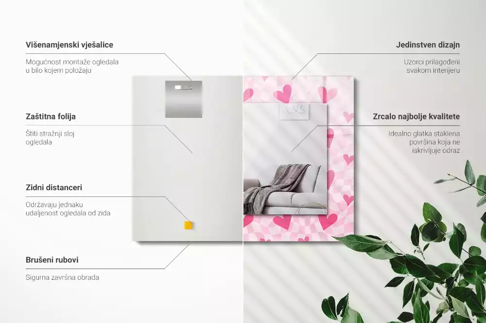 Miroir avec imprimé décoratif rectangulaire Cœurs roses