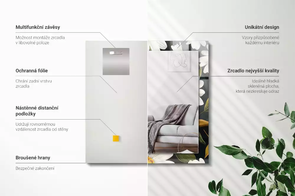 Miroir avec imprimé rectangulaire Marguerites blanches feuilles