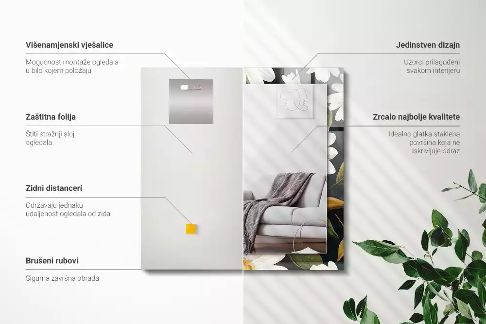 Miroir avec imprimé rectangulaire Marguerites blanches feuilles