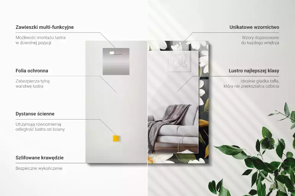 Miroir avec imprimé rectangulaire Marguerites blanches feuilles