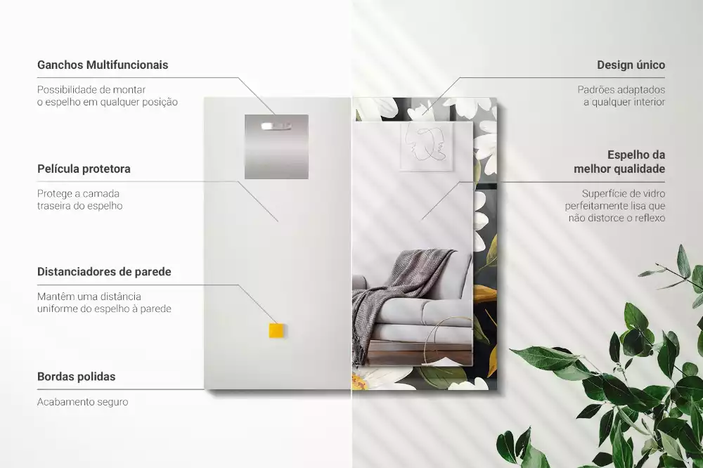 Miroir avec imprimé rectangulaire Marguerites blanches feuilles