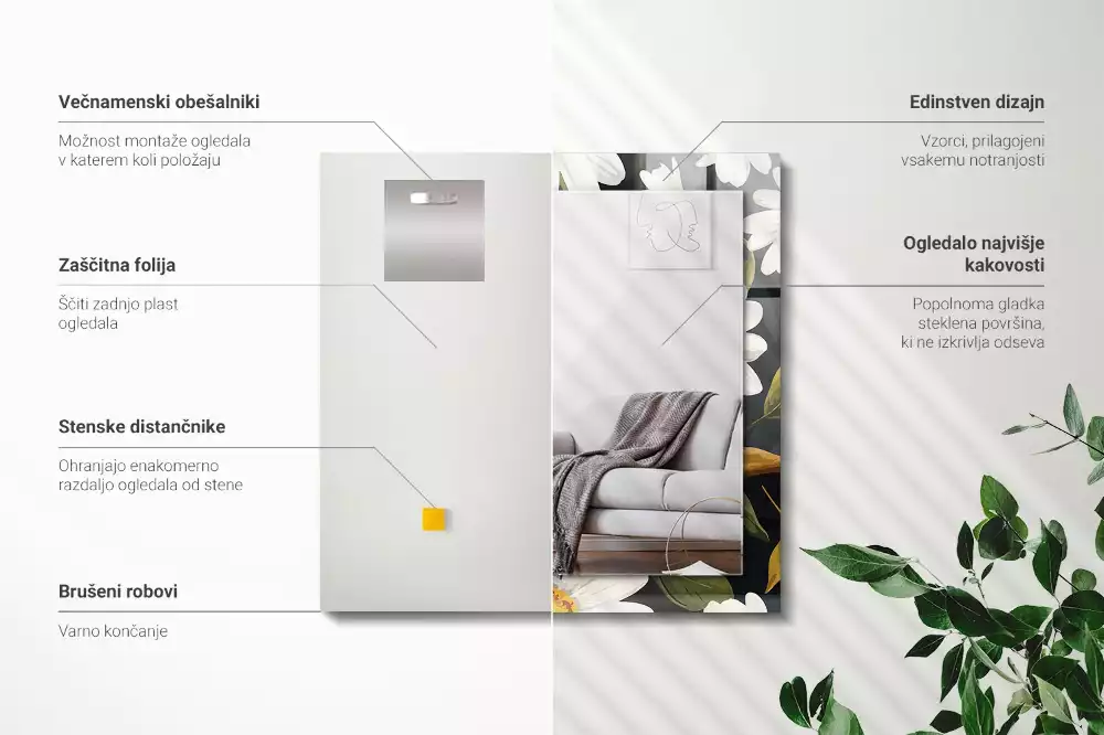 Miroir avec imprimé rectangulaire Marguerites blanches feuilles